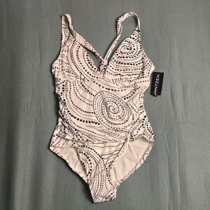 Jantzen White Black Polka Dot Swirl One Piece Swimsuit Size 12 NWT
